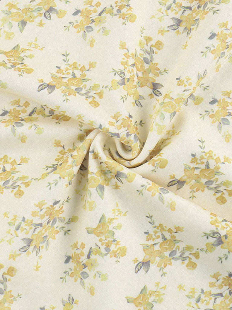 Yellow 1960s Floral Puff Sleeves V-Neck Dress
