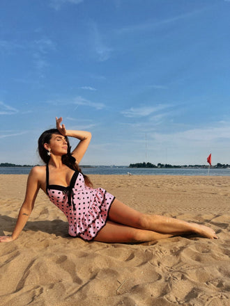 Pink 1940s Halter Polka Dots Bow One-Piece Swimsuit