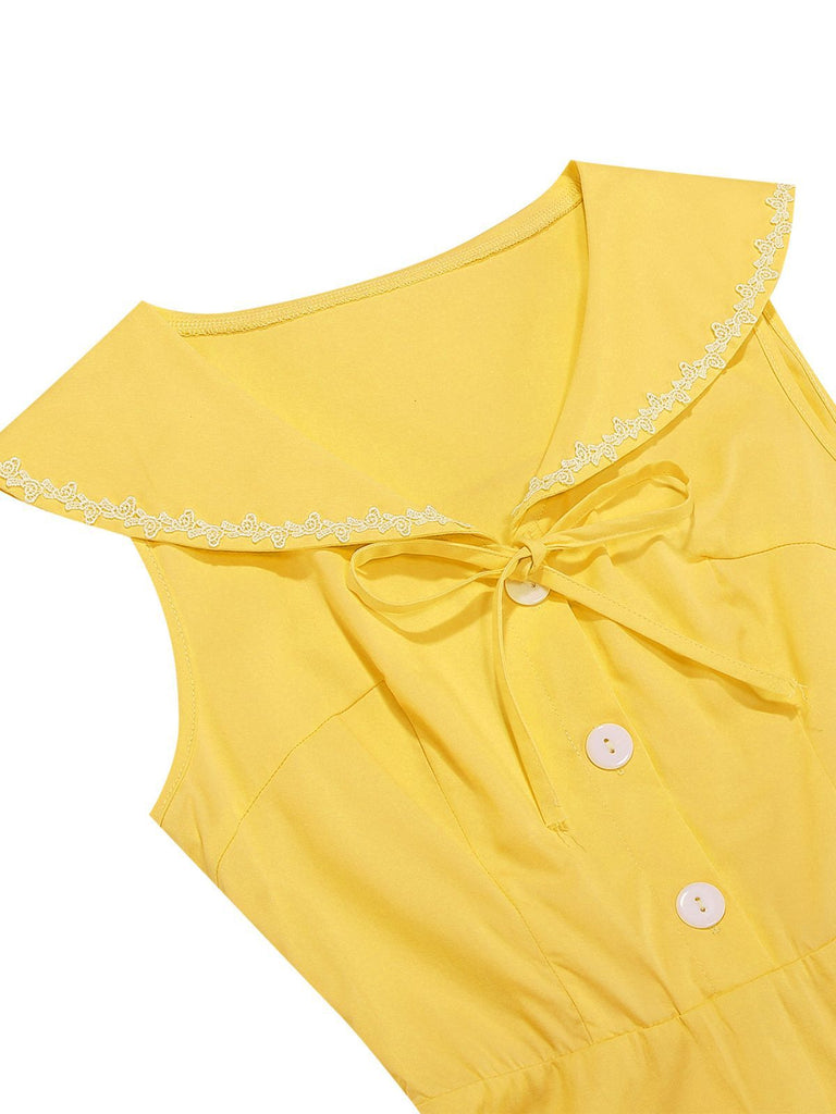 1950s Sailor Collar Bow-Tie Solid Sleeveless Dress