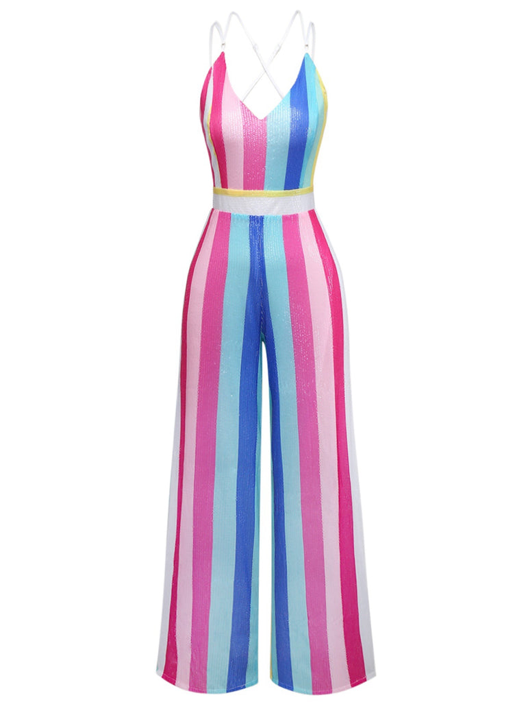 Multicolor 1960s V-Neck Sequined Vertical Striped Jumpsuit