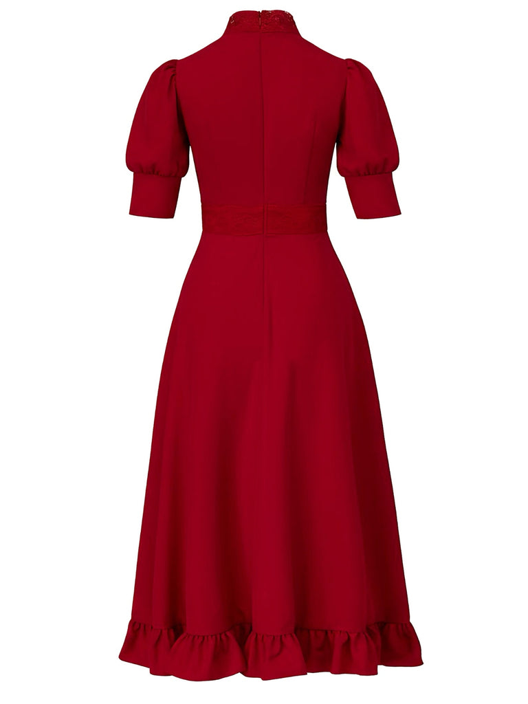 Red 1940s X Prequel Pearl Lace Ruffed Hem Dress
