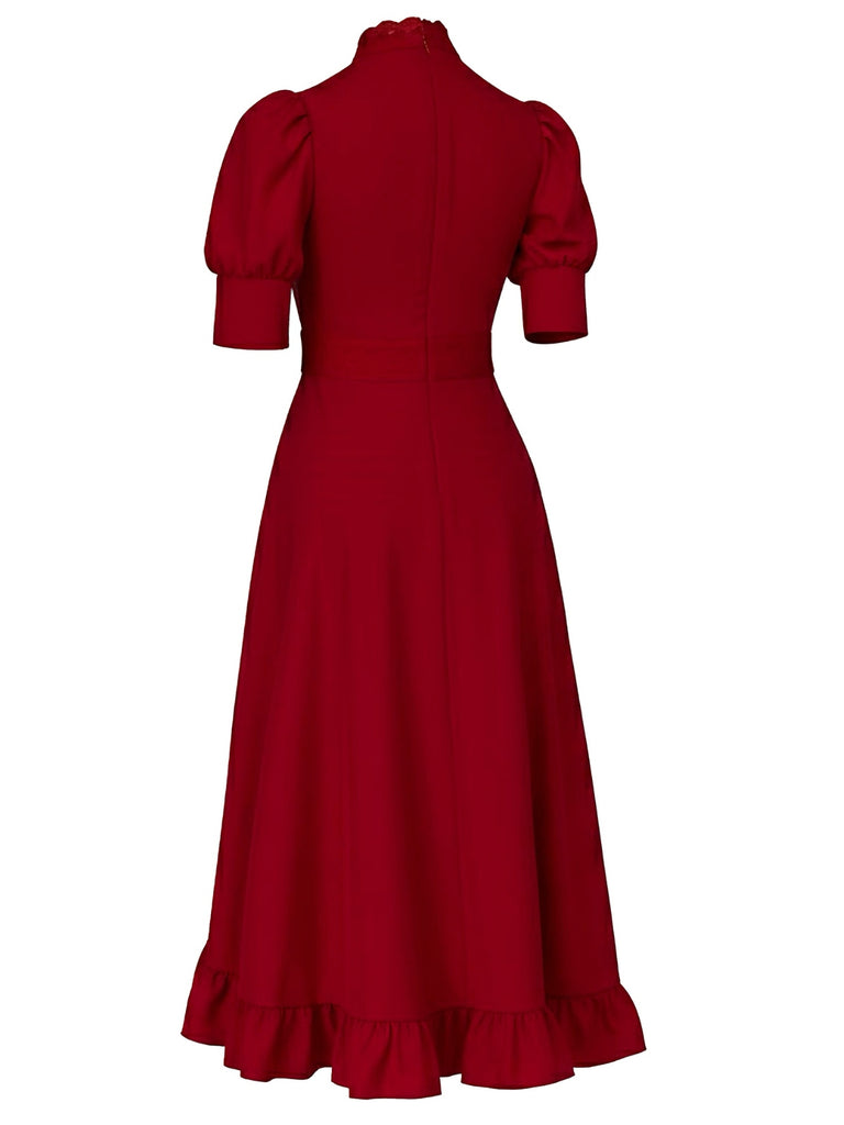 Red 1940s X Prequel Pearl Lace Ruffed Hem Dress