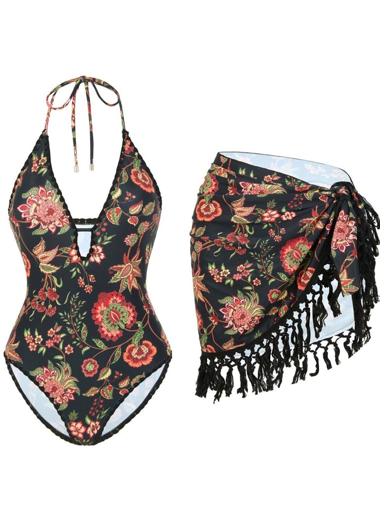 2PCS 1960s Deep V-Neck Fringe Swimsuit & Cover-Up