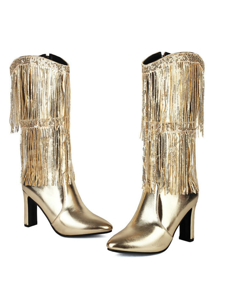 Metallic Pointed-Toe Fringed Disco Ankle Boots
