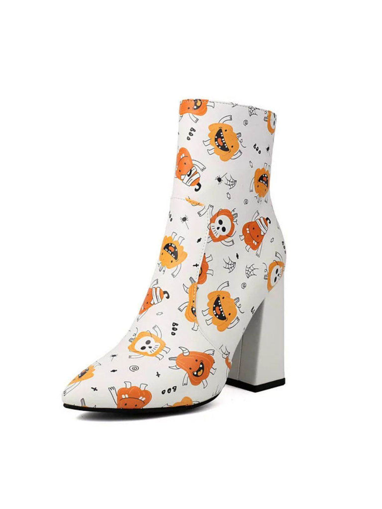 Halloween Cartoon Print Chunky Heel Ankle Boots