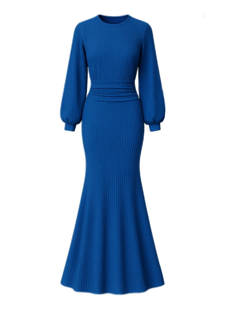 1930s Glitter Ruched Lantern Sleeve Knit Fishtail Dress