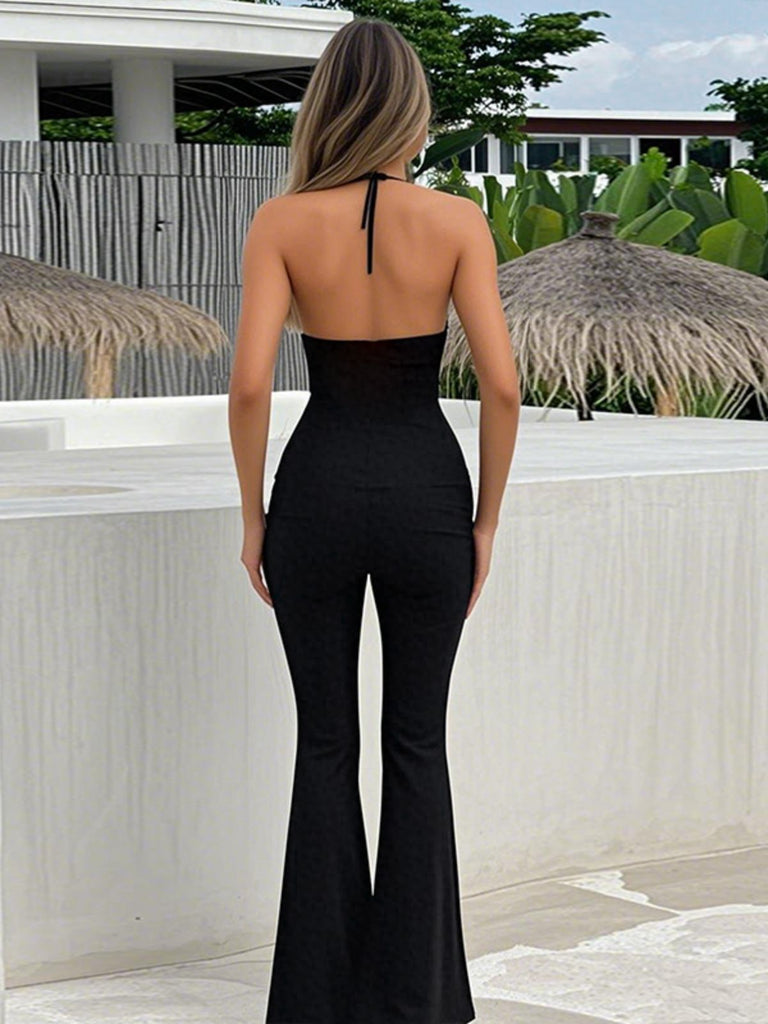 Black 1930s Halter Lace Bell-Bottom Jumpsuit