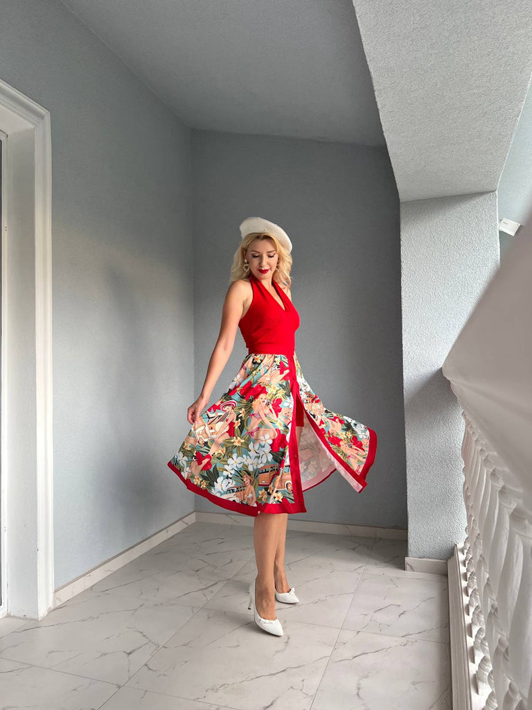 Red 1950s Pin-Up Girls Romper & Skirt