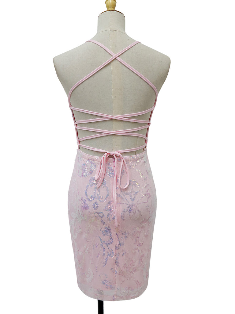 1920s Solid Sequin Spaghetti Strap Backless Dress