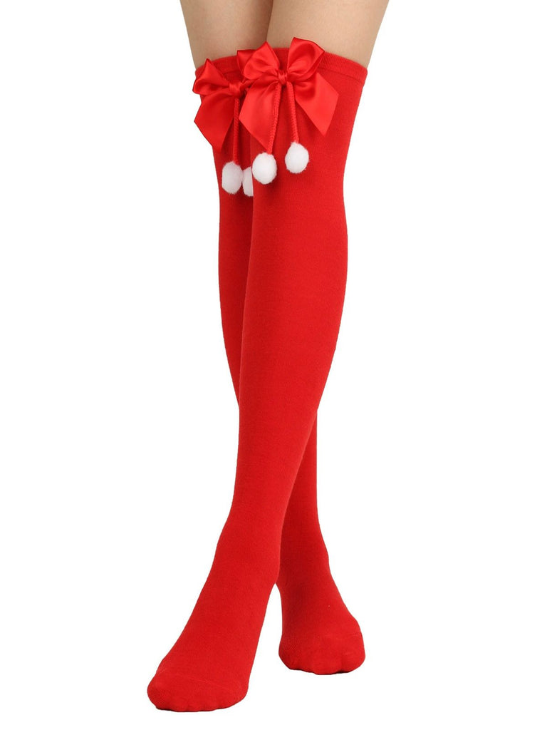 Christmas Striped Bow Pom-Poms Socks