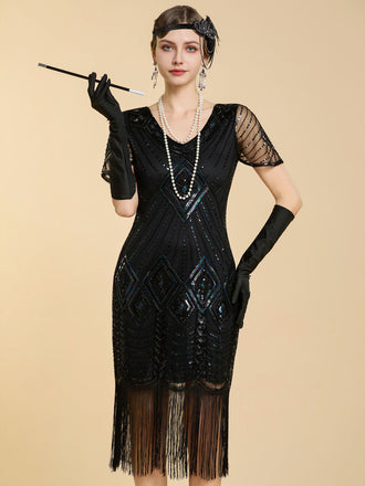 1920s V Neck Sequin Vintage Dress 4