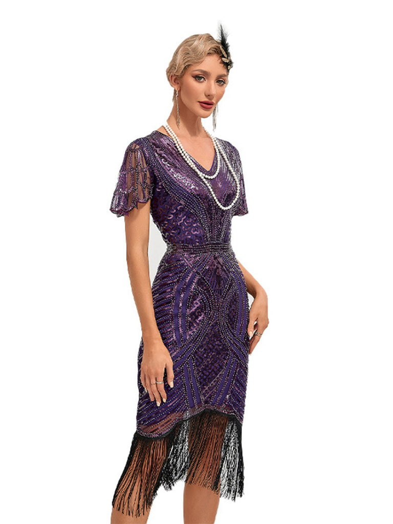 1920s Cap Sleeves Tassel Sequined Dress: where 1920s romance meets her modern spirit