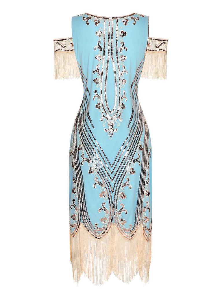 She slips into this 1920s Cold Shoulder Embroidered Fringe Sequins Dress and suddenly it's a 1920s daydream