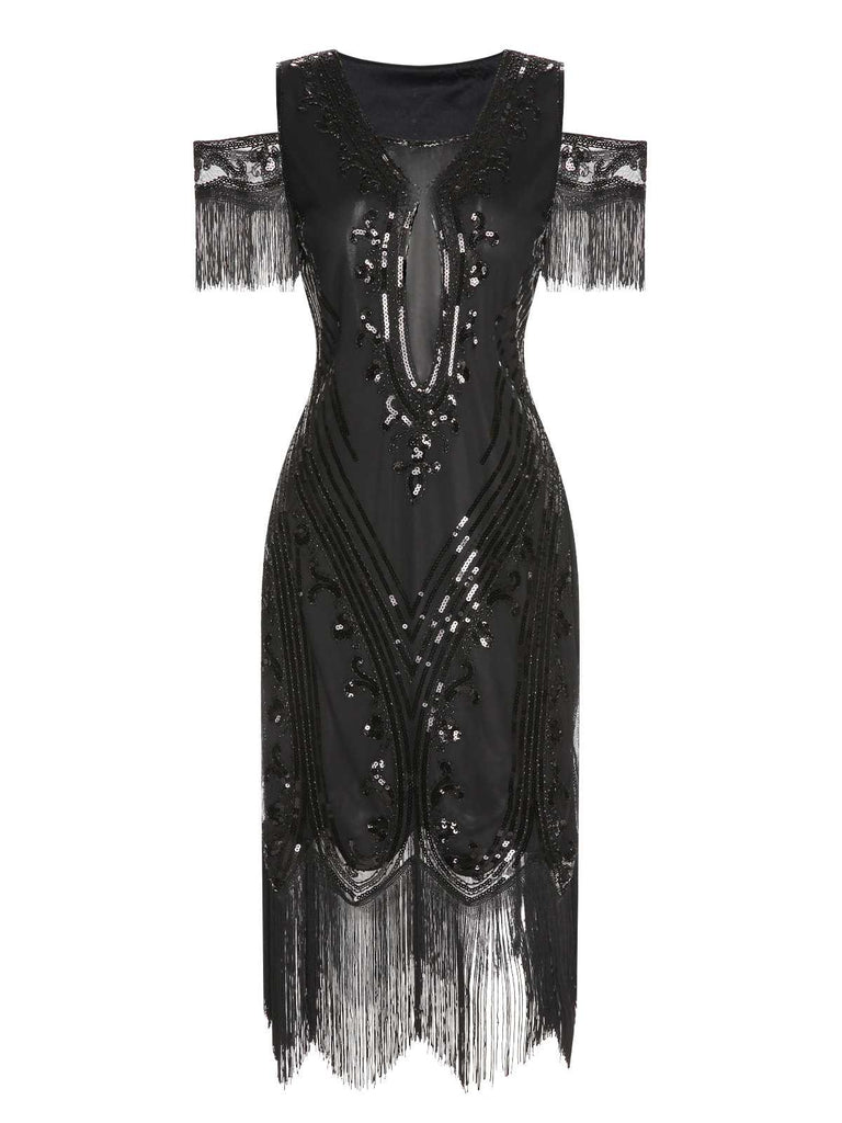 She slips into this 1920s Cold Shoulder Embroidered Fringe Sequins Dress and suddenly it's a 1920s daydream