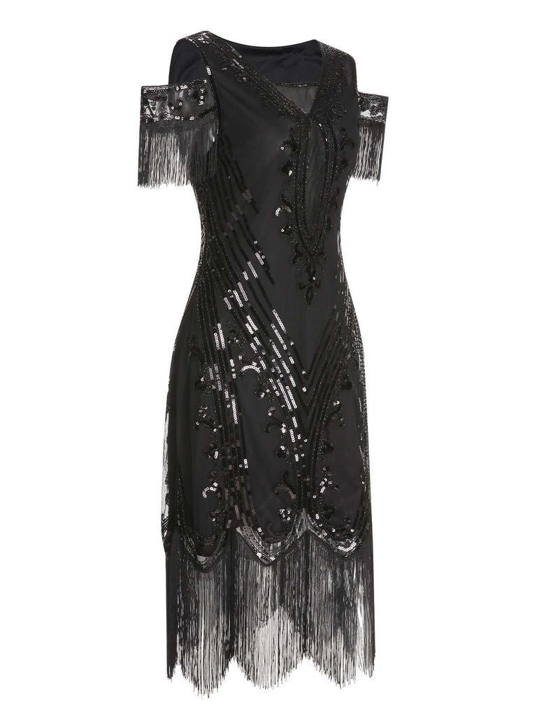 1920s Cold Shoulder Embroidered Fringe Sequins Dress: where 1920s romance meets her modern spirit