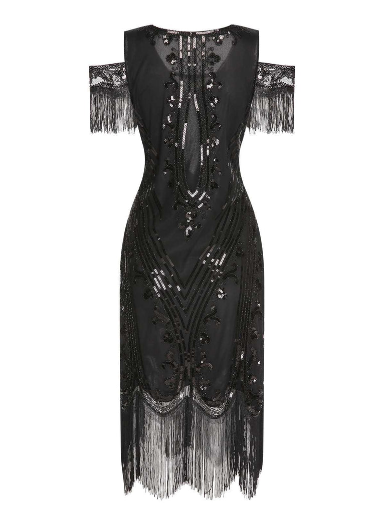 This 1920s Cold Shoulder Embroidered Fringe Sequins Dress wraps her in 1920s elegance, one twirl at a time