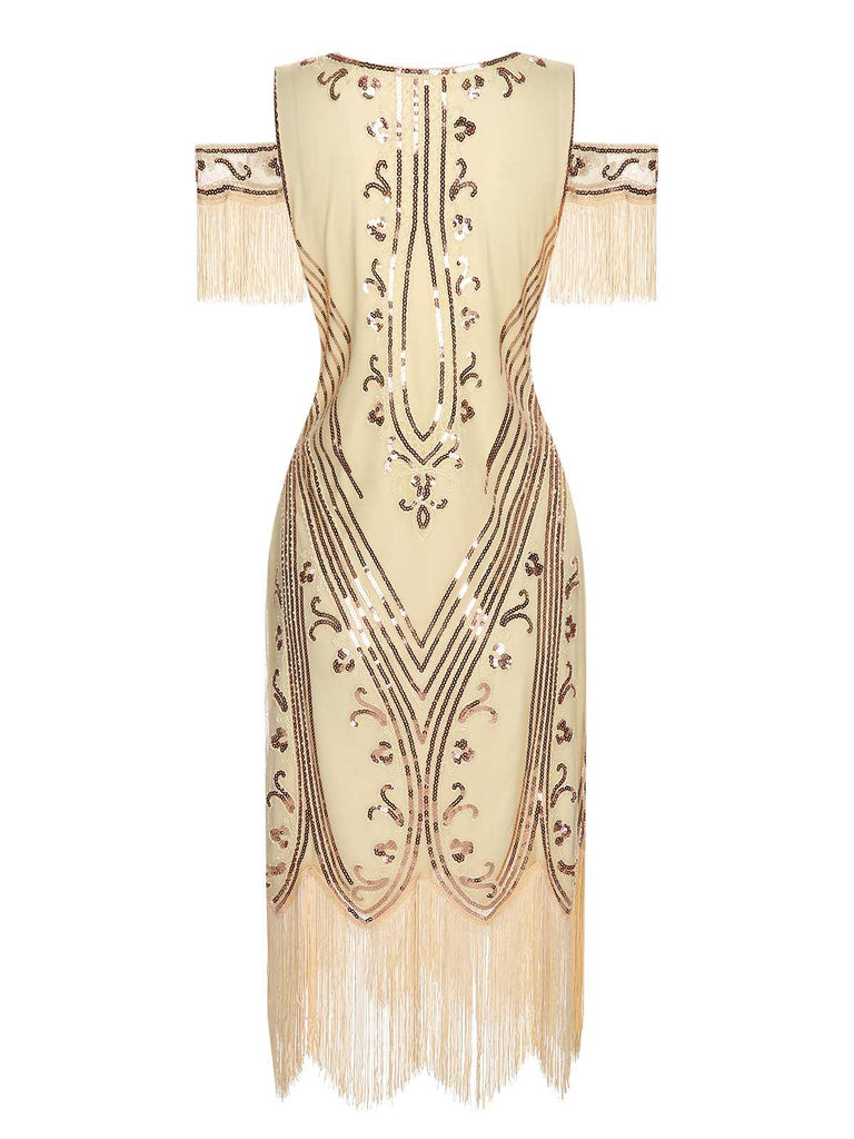 1920s Cold Shoulder Embroidered Fringe Sequins Dress: where 1920s romance meets her modern spirit