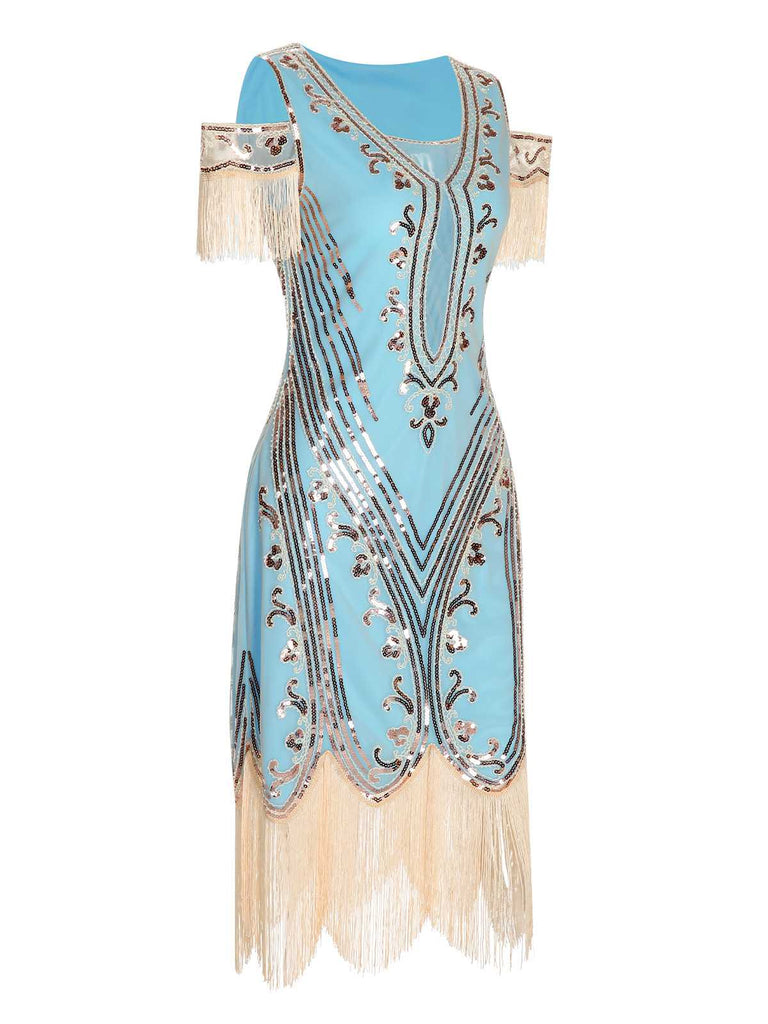 1920s Cold Shoulder Embroidered Fringe Sequins Dress 1920s Cold Shoulder Embroidered Fringe Sequins Dress