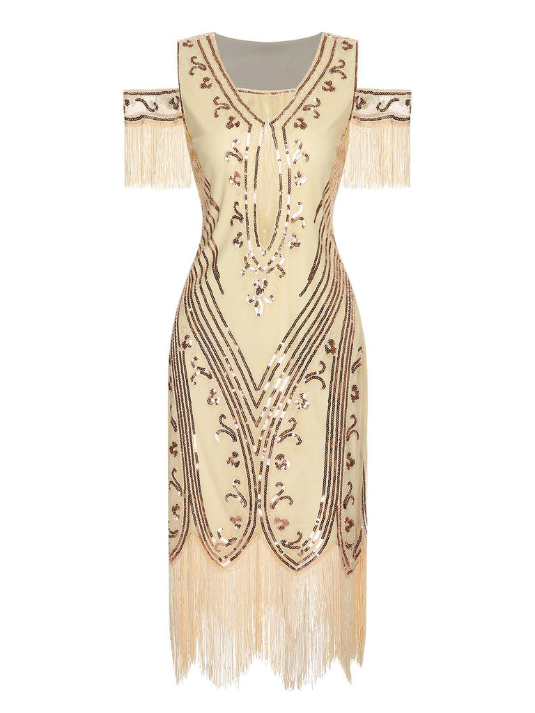 1920s Cold Shoulder Embroidered Fringe Sequins Dress 1920s Cold Shoulder Embroidered Fringe Sequins Dress