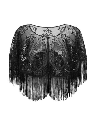 1920s Crew Neck Sequined Tassel Cape - vintage fashion, retro style