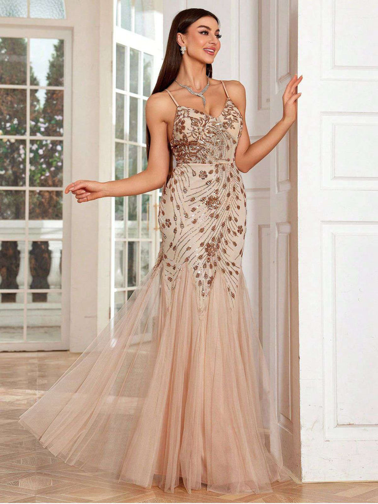 Beige 1920s Sequin Mesh Backless Mermaid Evening Dress | Retro Stage Beige 1920s Sequin Mesh Backless Mermaid Evening Dress | Retro Stage