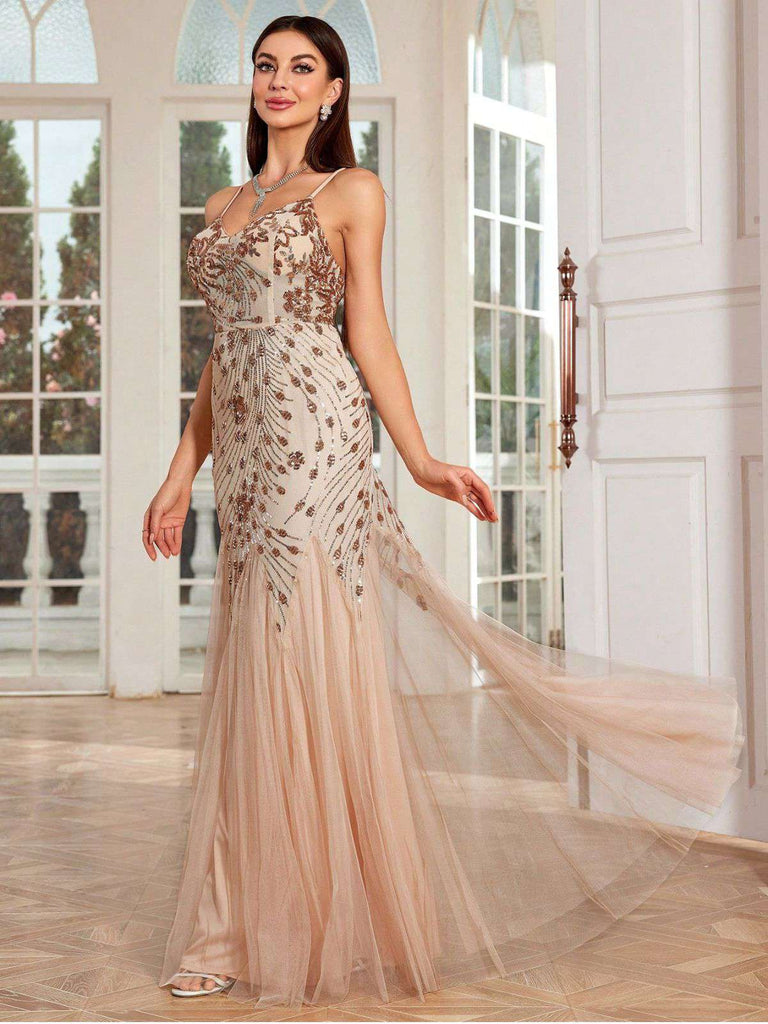Beige 1920s Sequin Mesh Backless Mermaid Evening Dress | Retro Stage Beige 1920s Sequin Mesh Backless Mermaid Evening Dress | Retro Stage