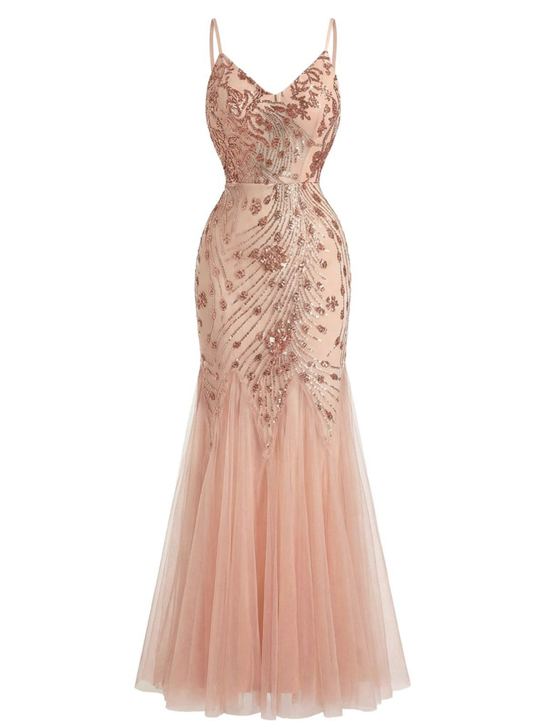 Beige 1920s Sequin Mesh Backless Mermaid Evening Dress Beige 1920s Sequin Mesh Backless Mermaid Evening Dress