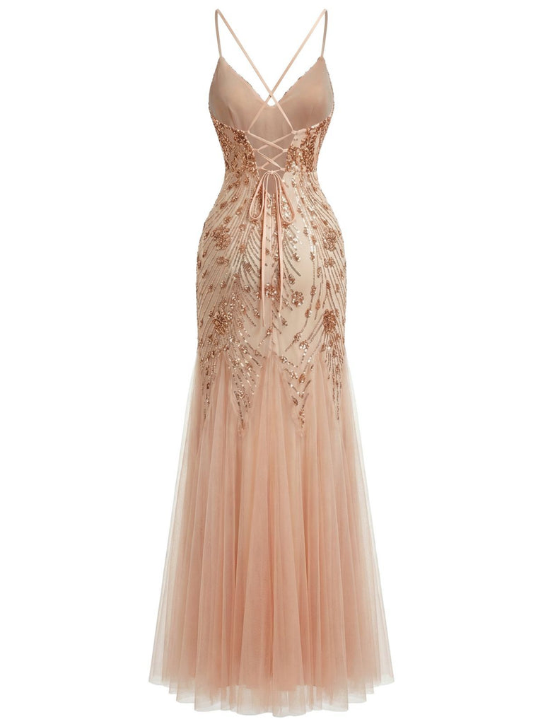 Beige 1920s Sequin Mesh Backless Mermaid Evening Dress Beige 1920s Sequin Mesh Backless Mermaid Evening Dress