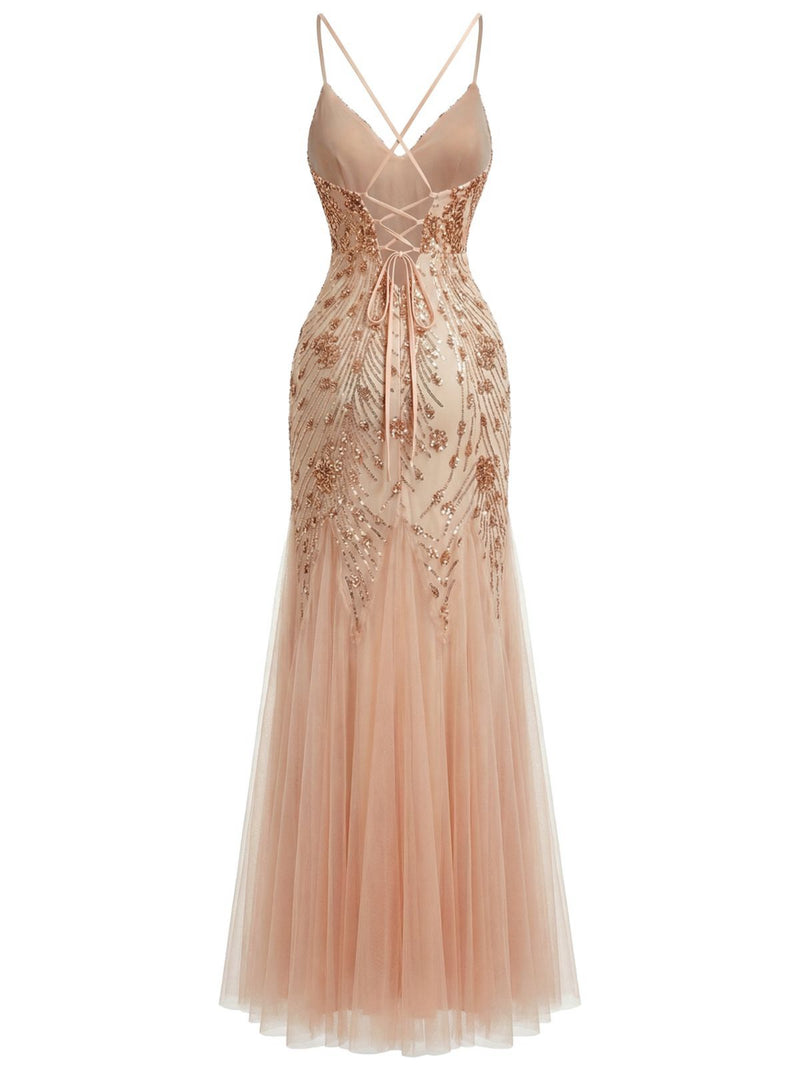 rose gold gatsby dress Beige 1920s Sequin Mesh Backless Mermaid Evening Medium length makes it