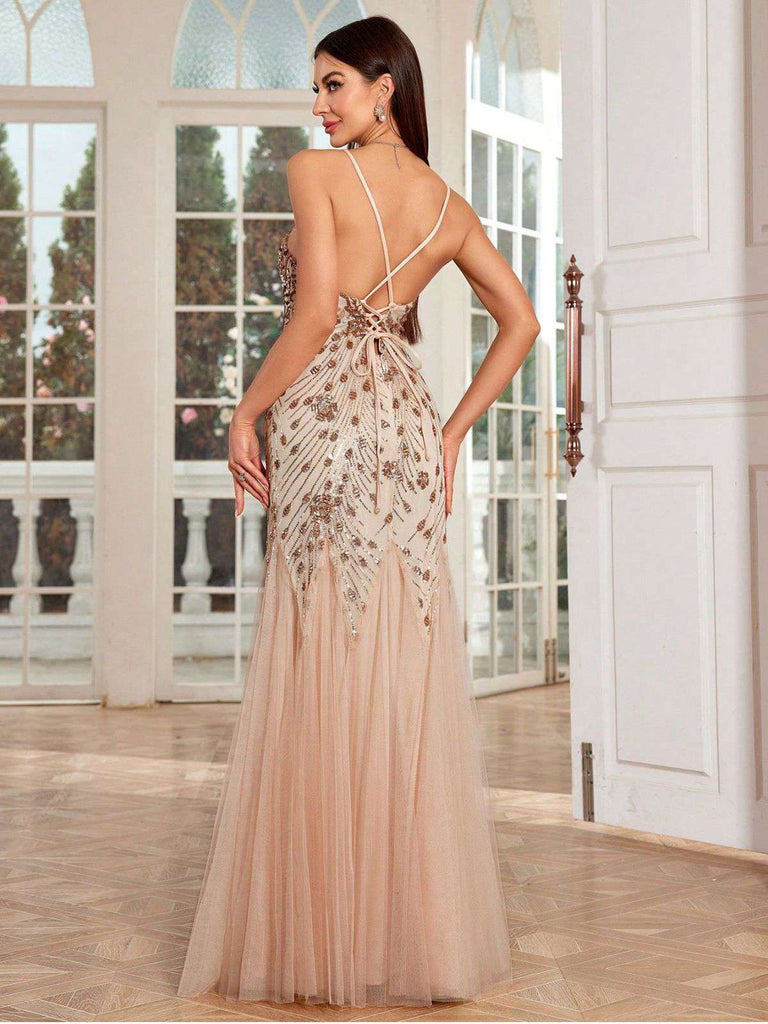 Beige 1920s Sequin Mesh Backless Mermaid Evening Dress Beige 1920s Sequin Mesh Backless Mermaid Evening Dress