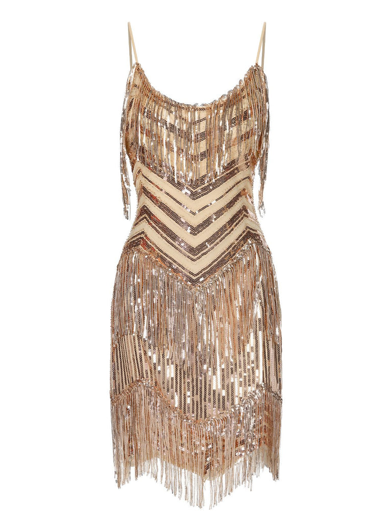 Beige 1920s Spaghetti Strap Fringe Sequins Party Dress - vintage dress, retro fashion, Gatsby party