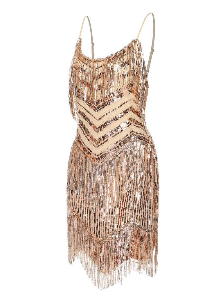 Beige 1920s Spaghetti Strap Fringe Sequins Party Dress - vintage dress, retro fashion, Gatsby party