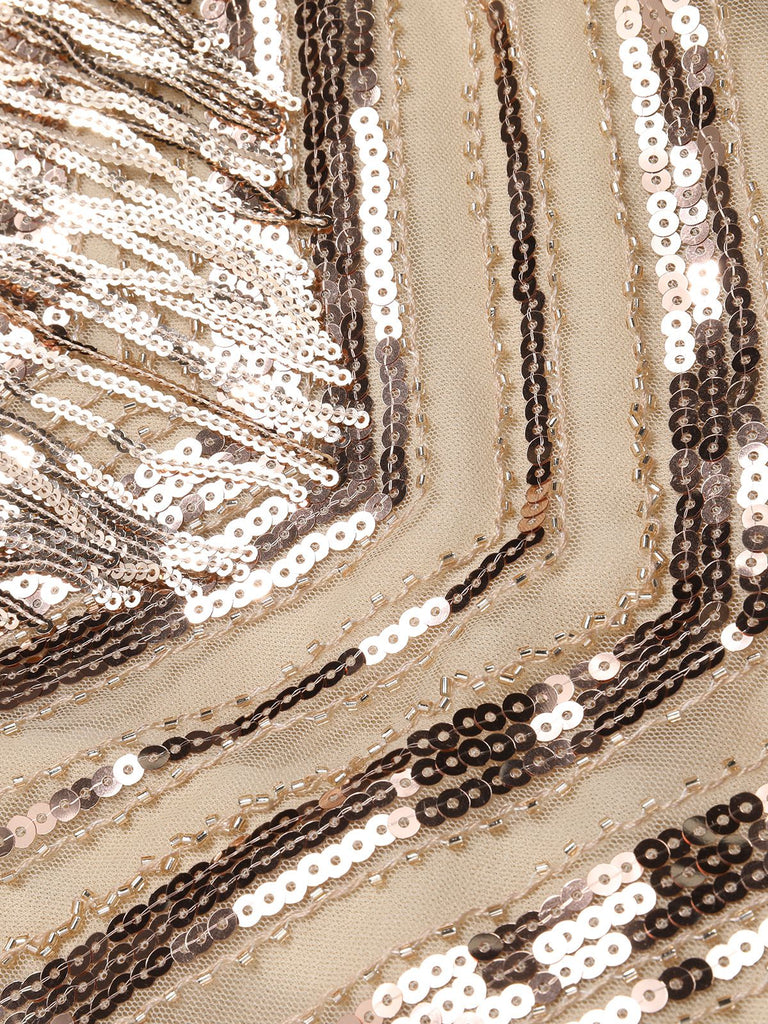 Beige 1920s Spaghetti Strap Fringe Sequins Party Dress - vintage dress, retro fashion, Gatsby party
