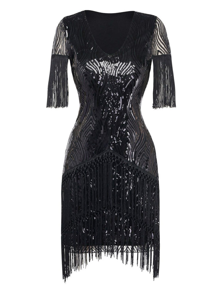 Black 1920s Flapper Tassel Fringe Great Gatsby Sequin Dress - vintage dress, retro fashion, Gatsby party
