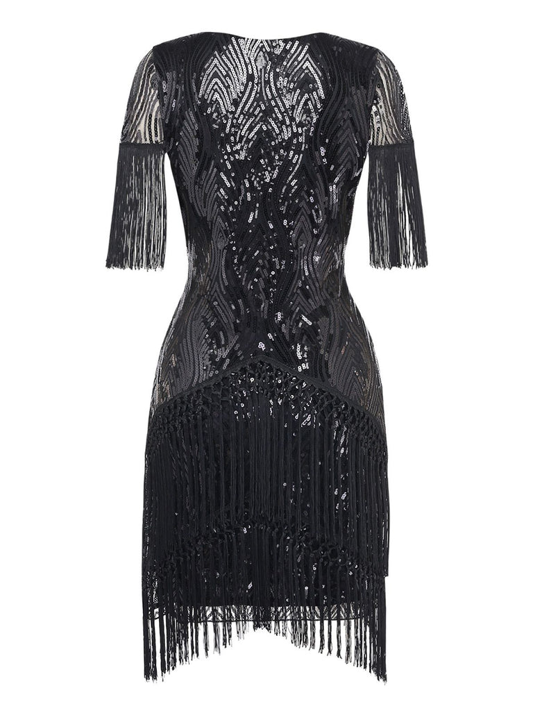 Black 1920s Flapper Tassel Fringe Great Gatsby Sequin Dress