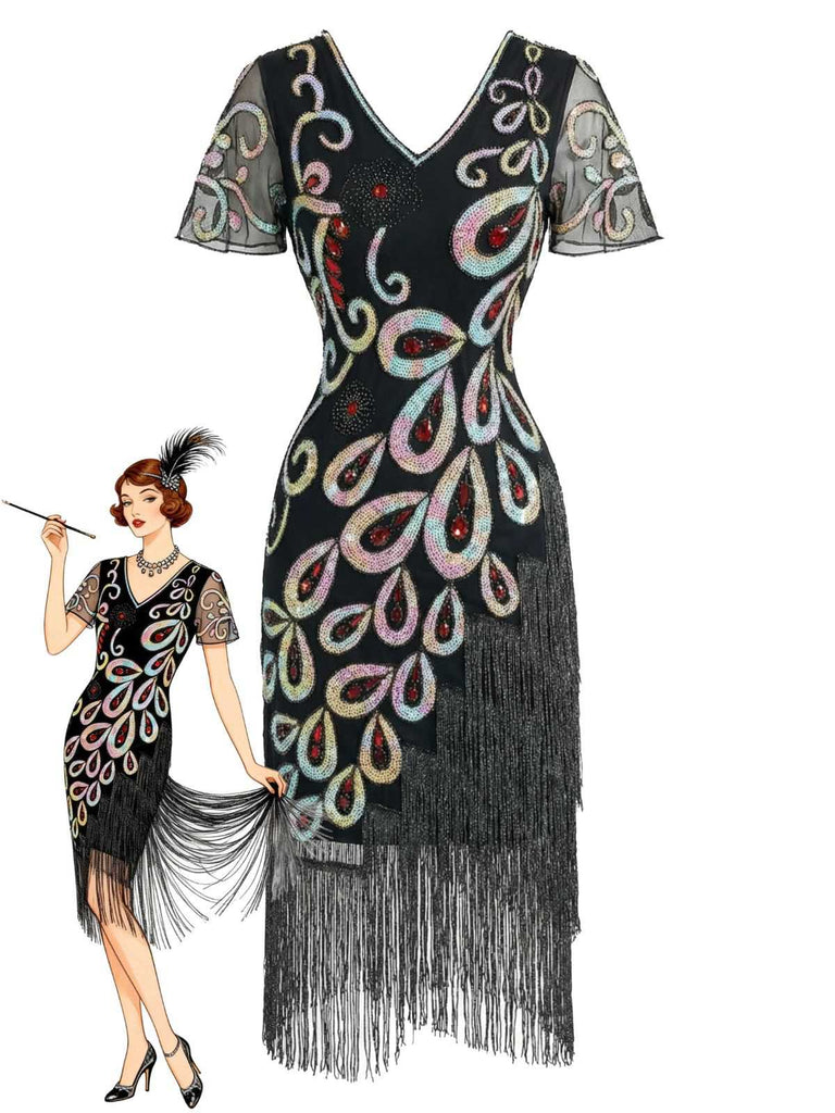 Black 1920s Peacock Sequin Beaded Fringe Flapper Dress | Retro Stage