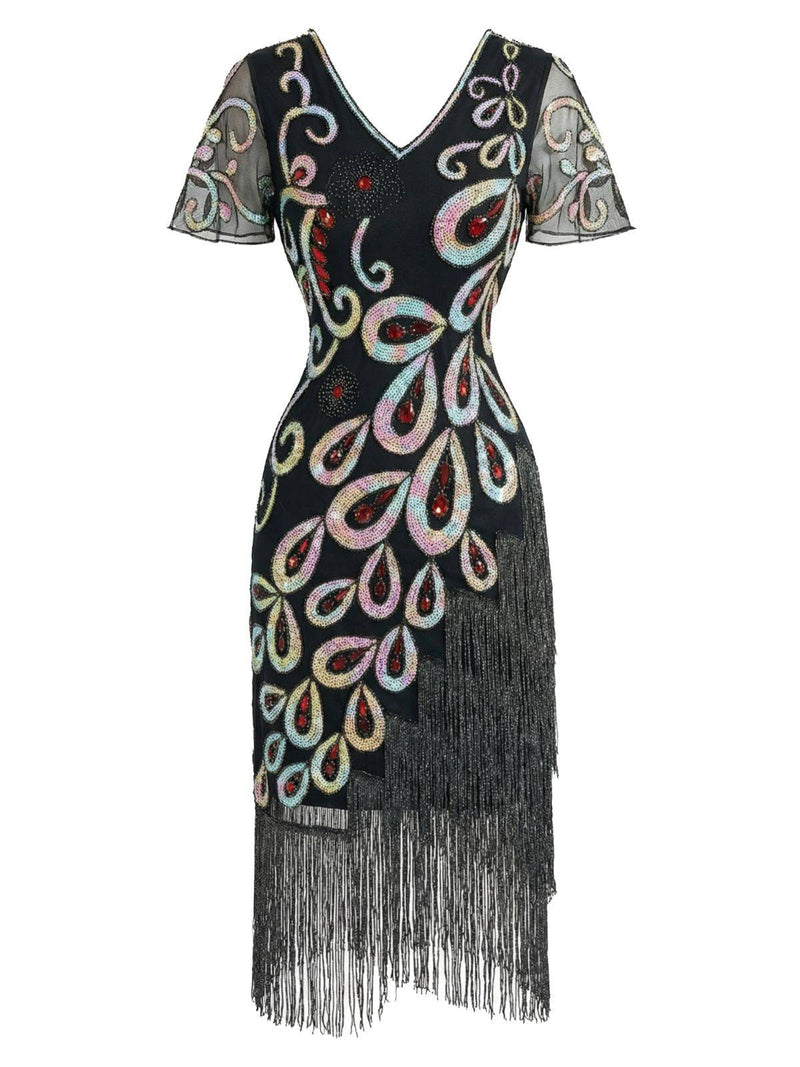 black sequin dress flapper 1920s Peacock Beaded Fringe Sweatshirt Dress slim Size:20.5 34/35 Jordyn Woods Turned 21