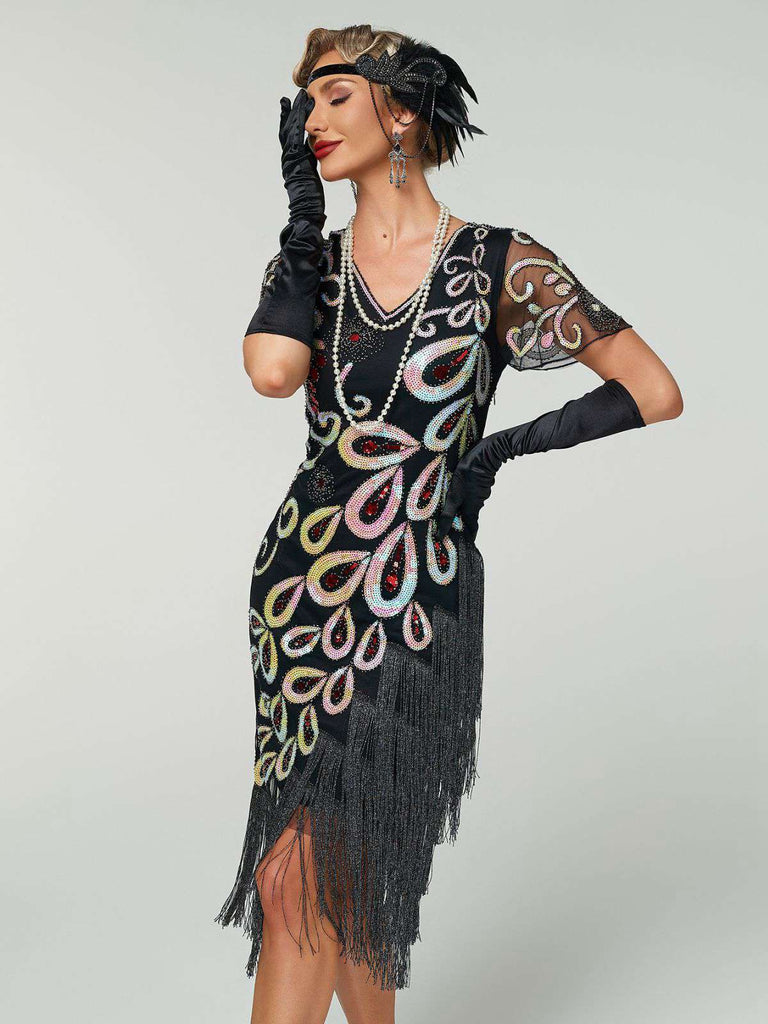 black 20s dress Black 1920s Peacock Sequin Beaded Fringe Flapper Dress