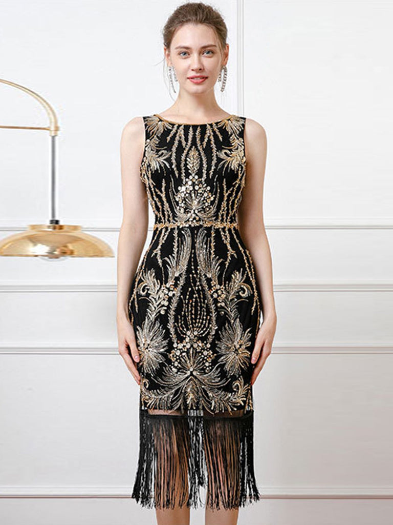Black 1920s Sequined Flapper Backless Sleeveless Dress - vintage dress, retro fashion, Gatsby party