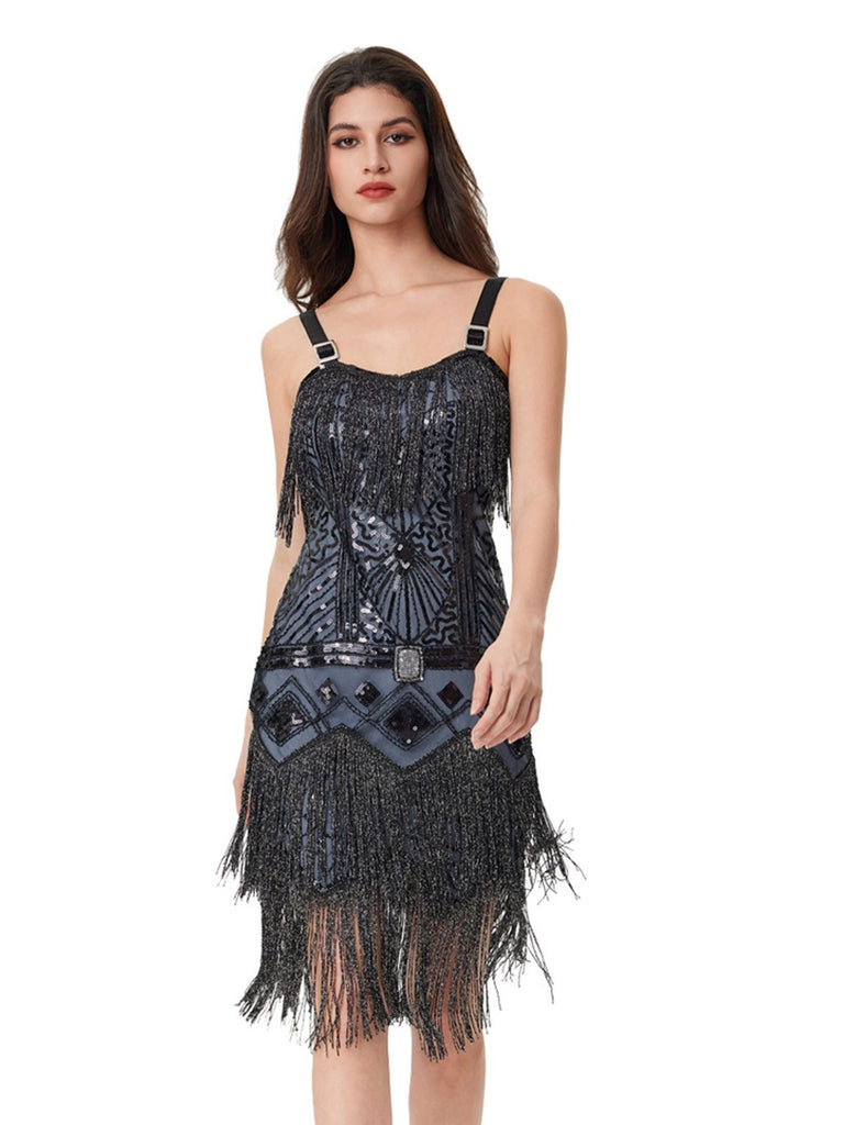 Blue Grey 1920s Sequined Tassel Ball Beaded Slip Dress - vintage dress, retro fashion, Gatsby party