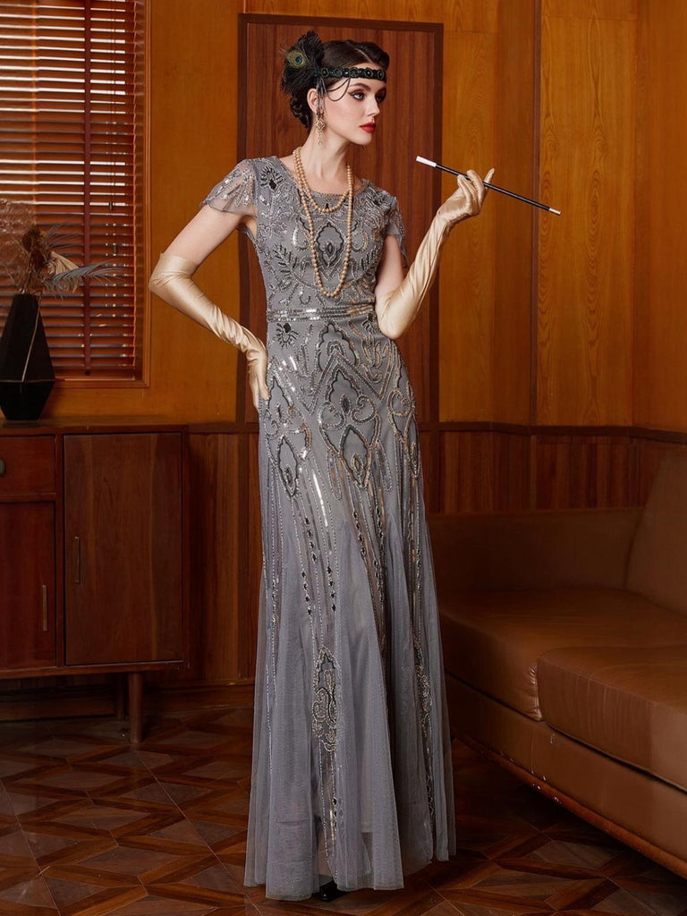 silver vintage dress Unique Vintage 1920s Style Silver Hand Beaded Fringe Bosley Flapper Dr