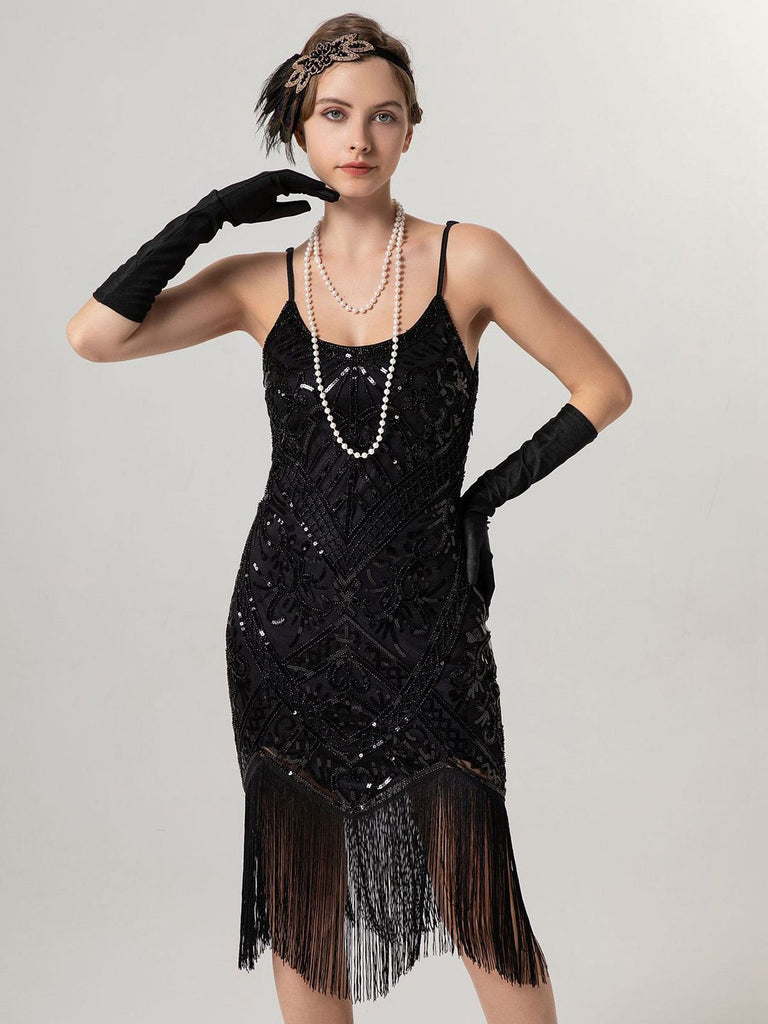 1920s Spaghetti Straps Sequined Tassel Flapper Dress - vintage dress, retro fashion, Gatsby party