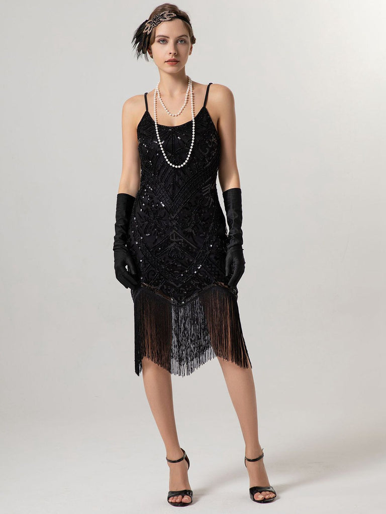 1920s Spaghetti Straps Sequined Tassel Flapper Dress - vintage dress, retro fashion, Gatsby party