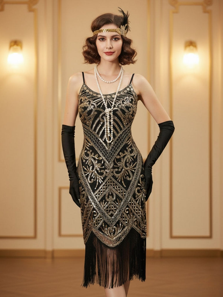 1920s Spaghetti Straps Sequined Tassel Flapper Dress - vintage dress, retro fashion, Gatsby party