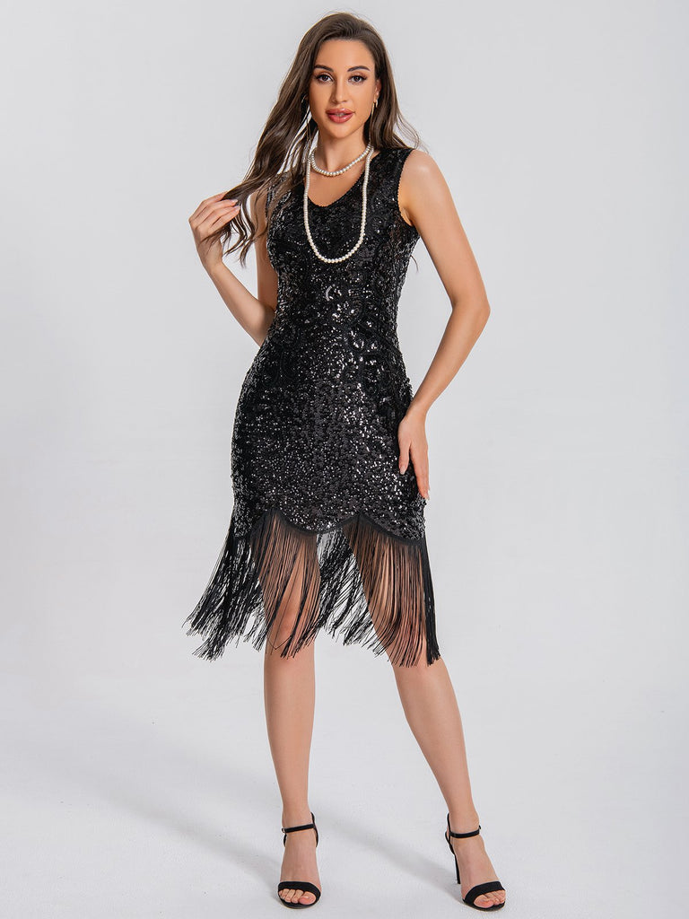 1920s V-Neck Symmetrical Pattern Tassel Sequined Dress - vintage dress, retro fashion, Gatsby party