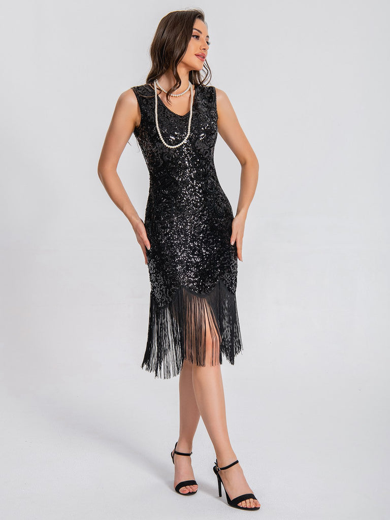 1920s V-Neck Symmetrical Pattern Tassel Sequined Dress - vintage dress, retro fashion, Gatsby party