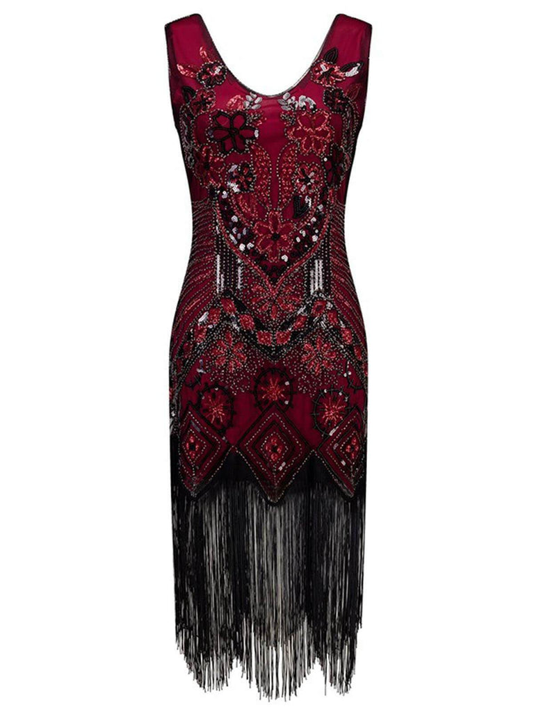 Wine Red 1920s Floral Beaded Flapper Dress