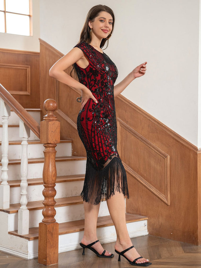 1920s Floral Pattern Sequined Tassel Dress: where 1920s romance meets her modern spirit