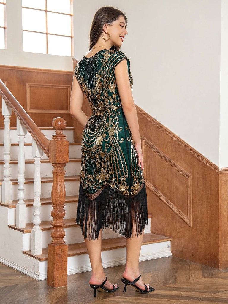 1920s Floral Pattern Sequined Tassel Dress — a 1920s silhouette that turns sidewalks into runways