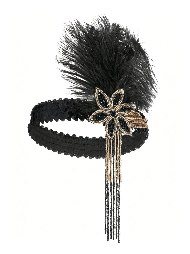 1920s Gatsby Feather Sequin Beaded Headpiece - vintage fashion, retro style